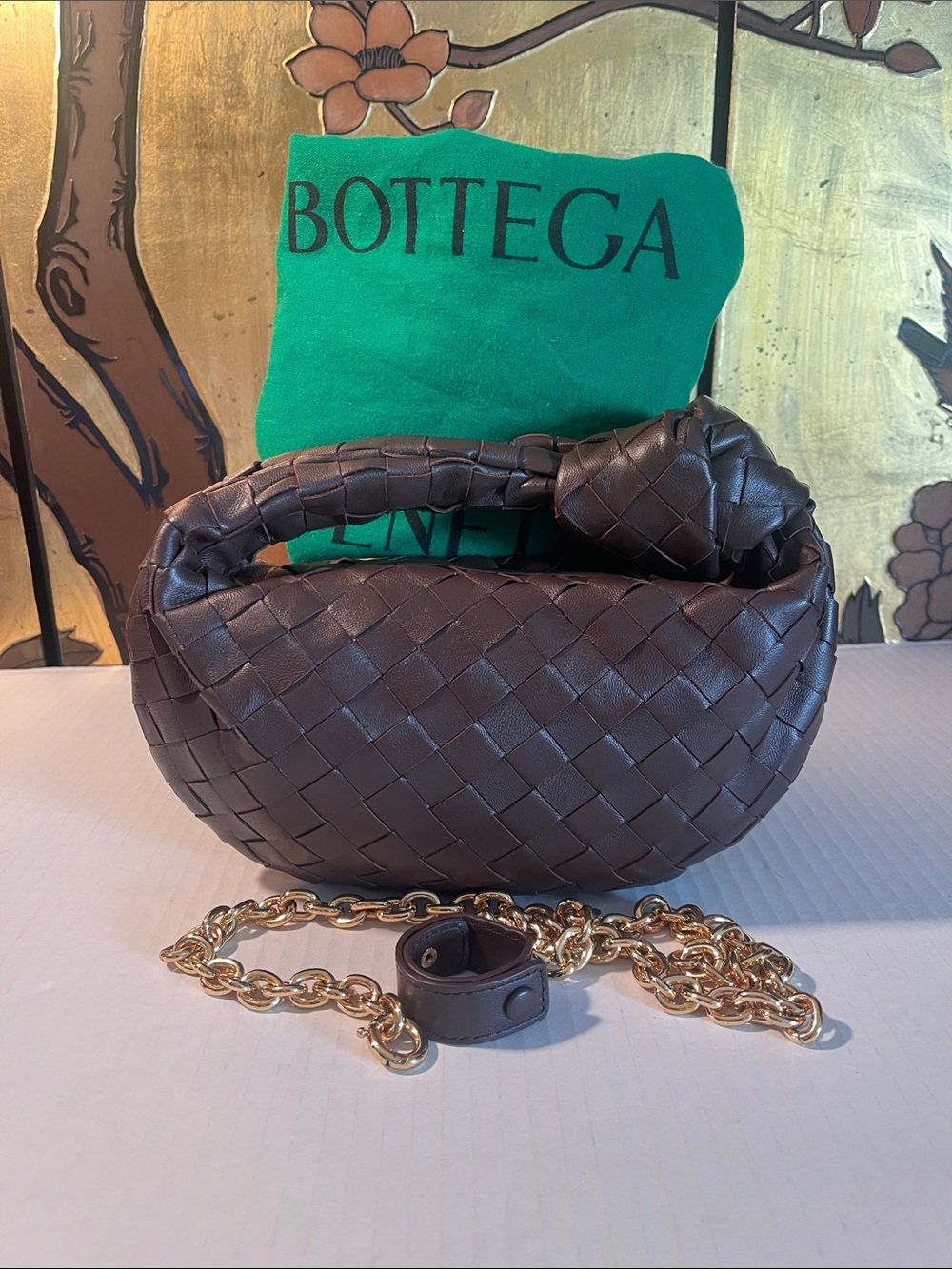 Bottega Veneta Dark Brown Intrecciato Knot Shoulder Bag with Gold Chain